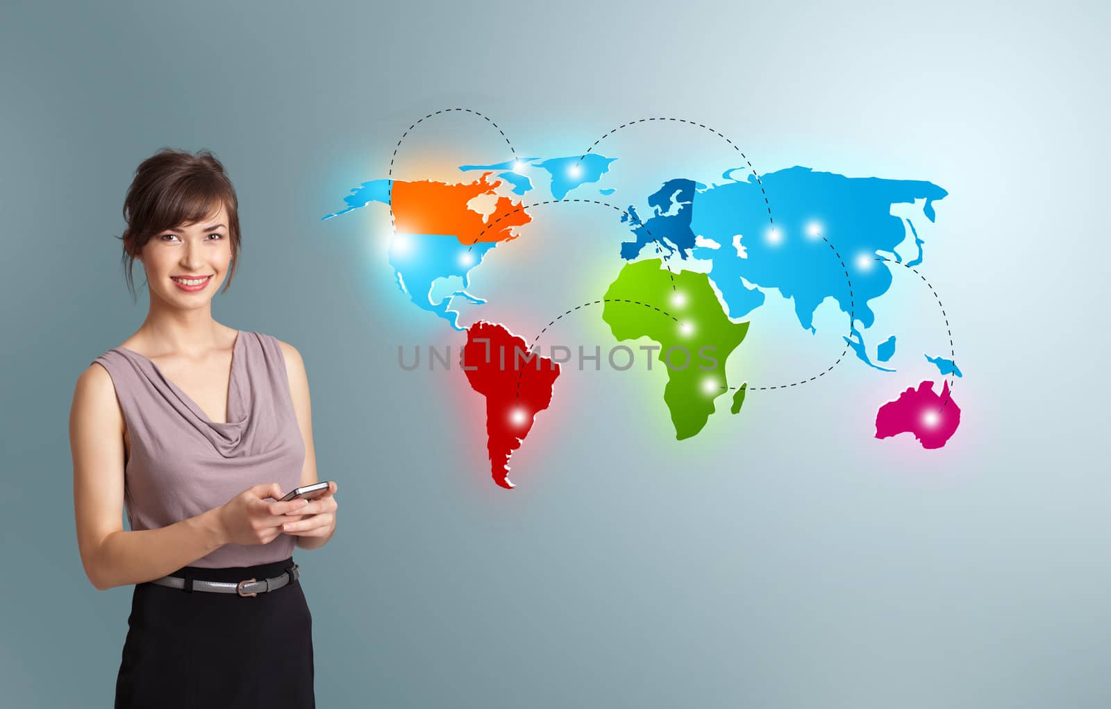 Beautiful young woman holding a phone and presenting colorful world map