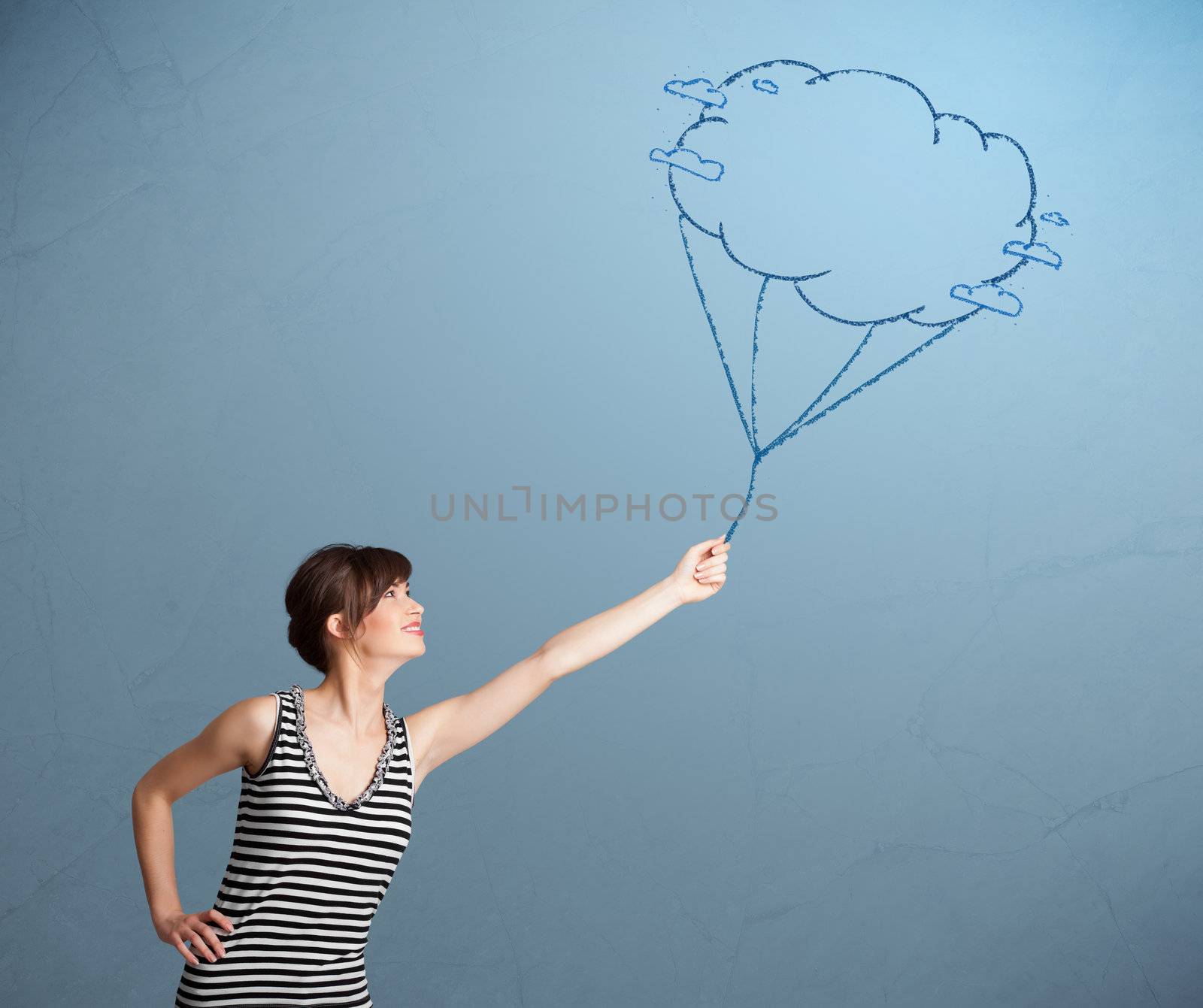 Pretty young lady holding a cloud balloon drawing