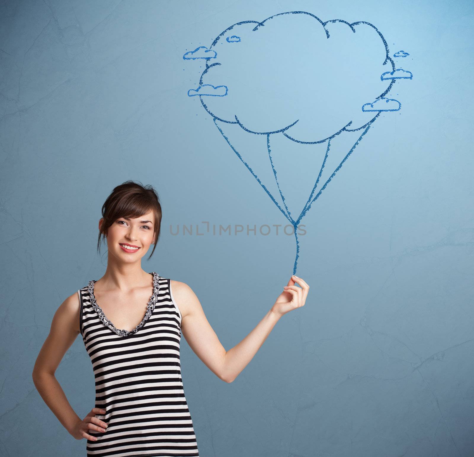 Pretty lady holding a cloud balloon drawing by ra2studio