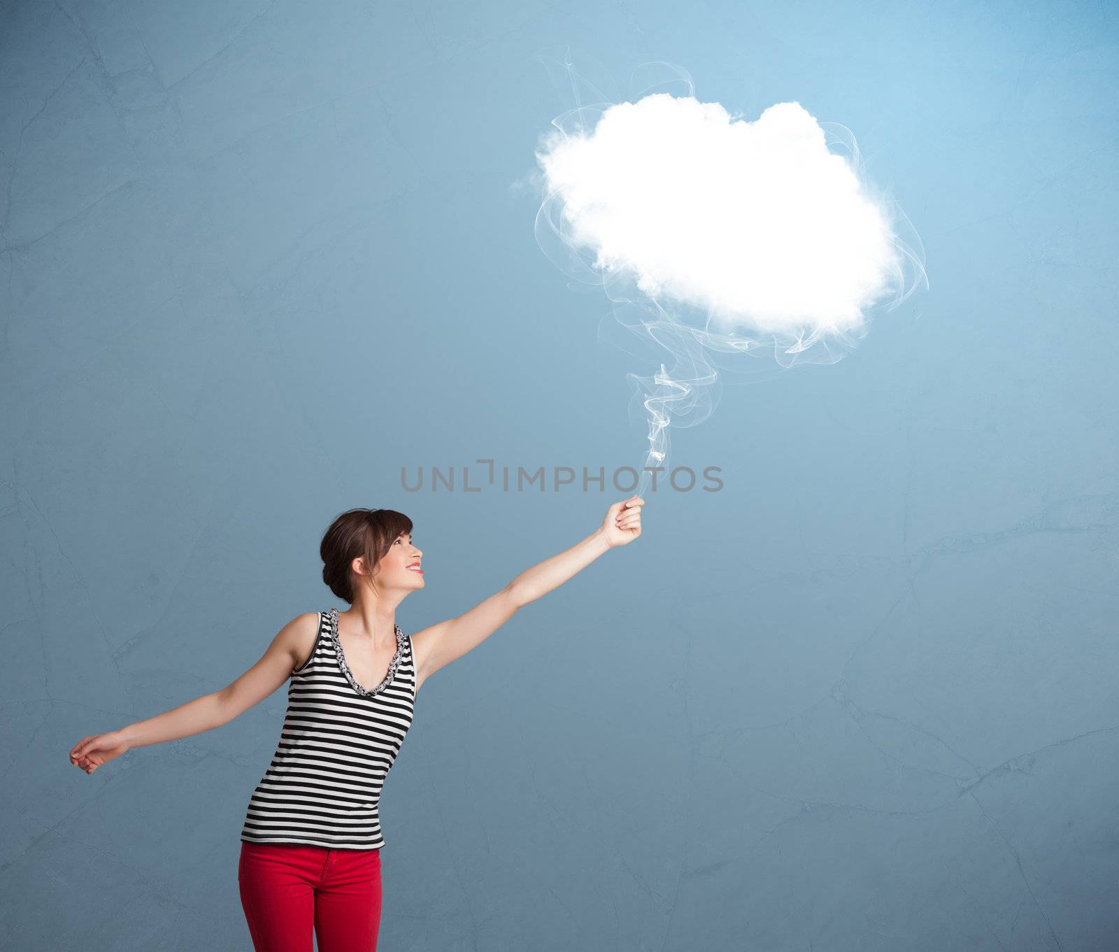 Beautiful young woman holding cloud