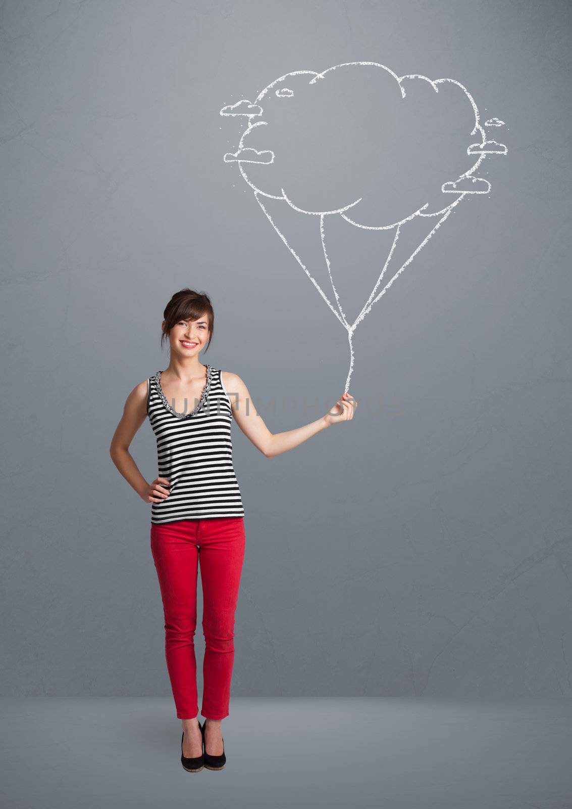 Pretty young lady holding a cloud balloon drawing