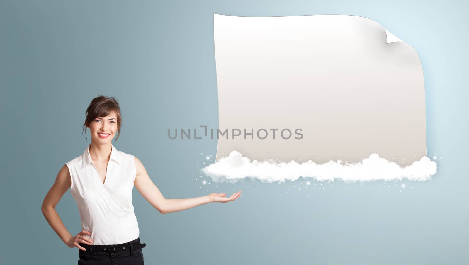 pretty young woman presenting modern copy space on clouds