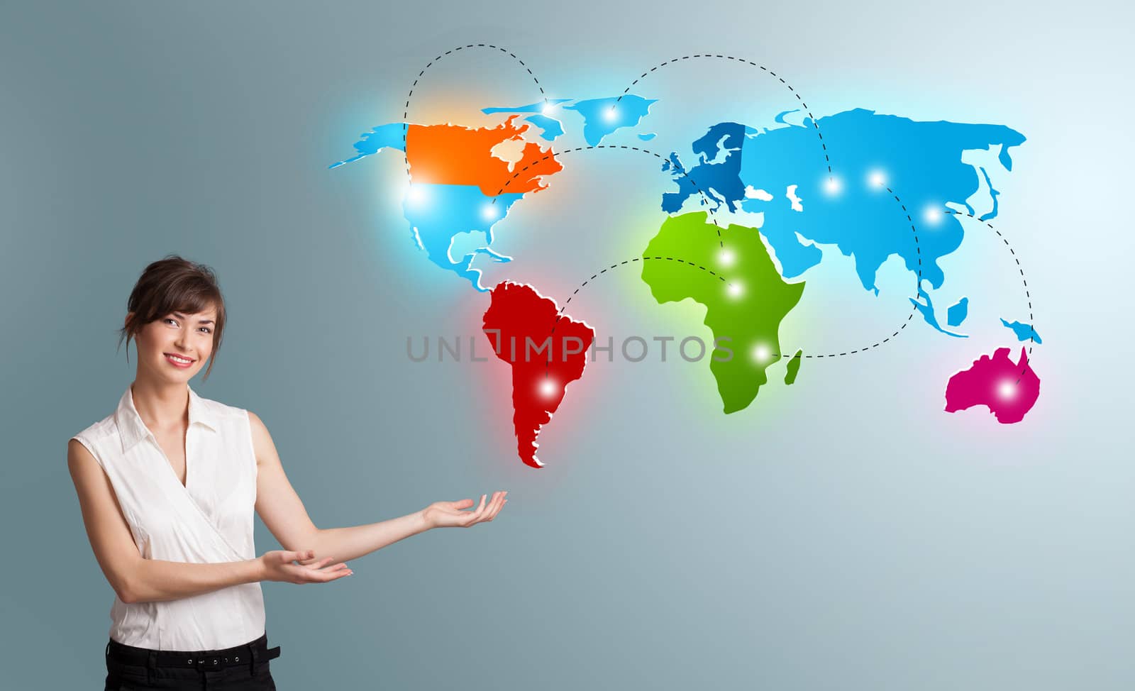 Young woman presenting colorful world map by ra2studio