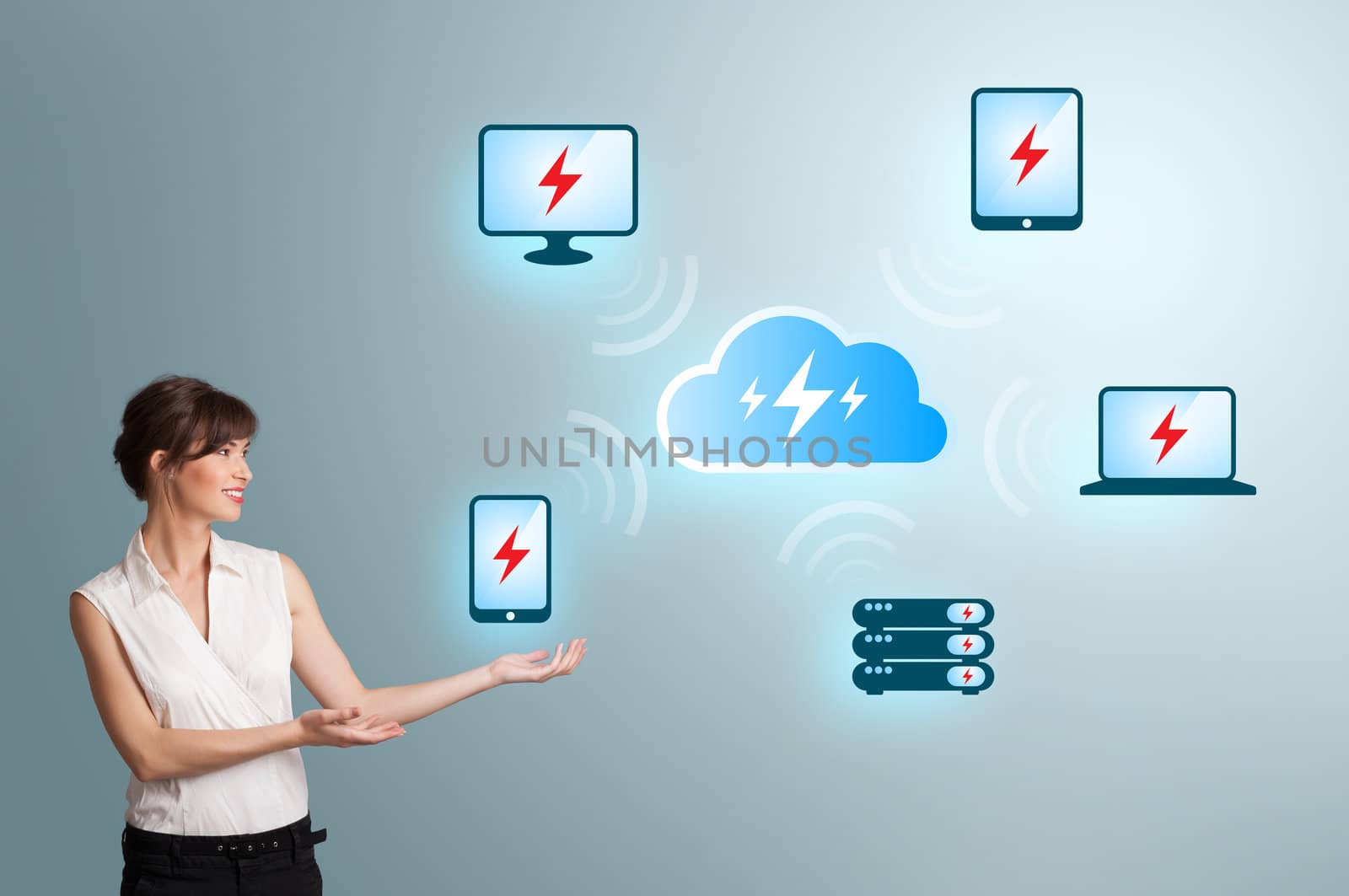 Young woman presenting cloud computing network by ra2studio