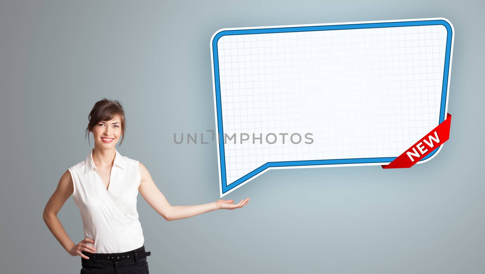 Beautiful young woman presenting modern speech bubble copy space