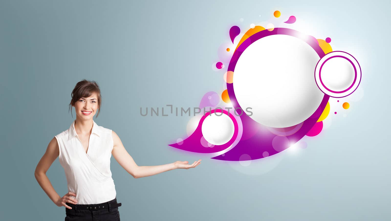 Attractive young woman presenting abstract speech bubble copy space