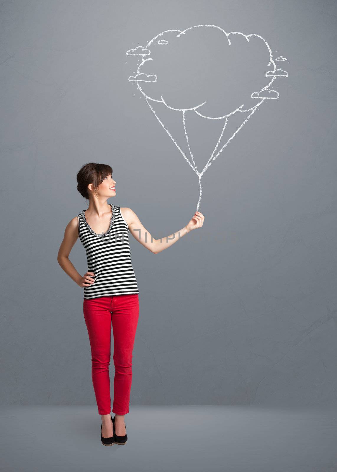 Pretty young lady holding a cloud balloon drawing
