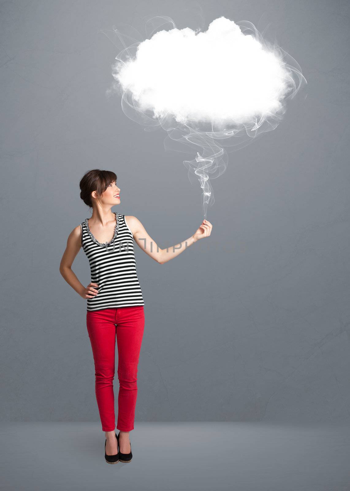 Beautiful young woman holding cloud