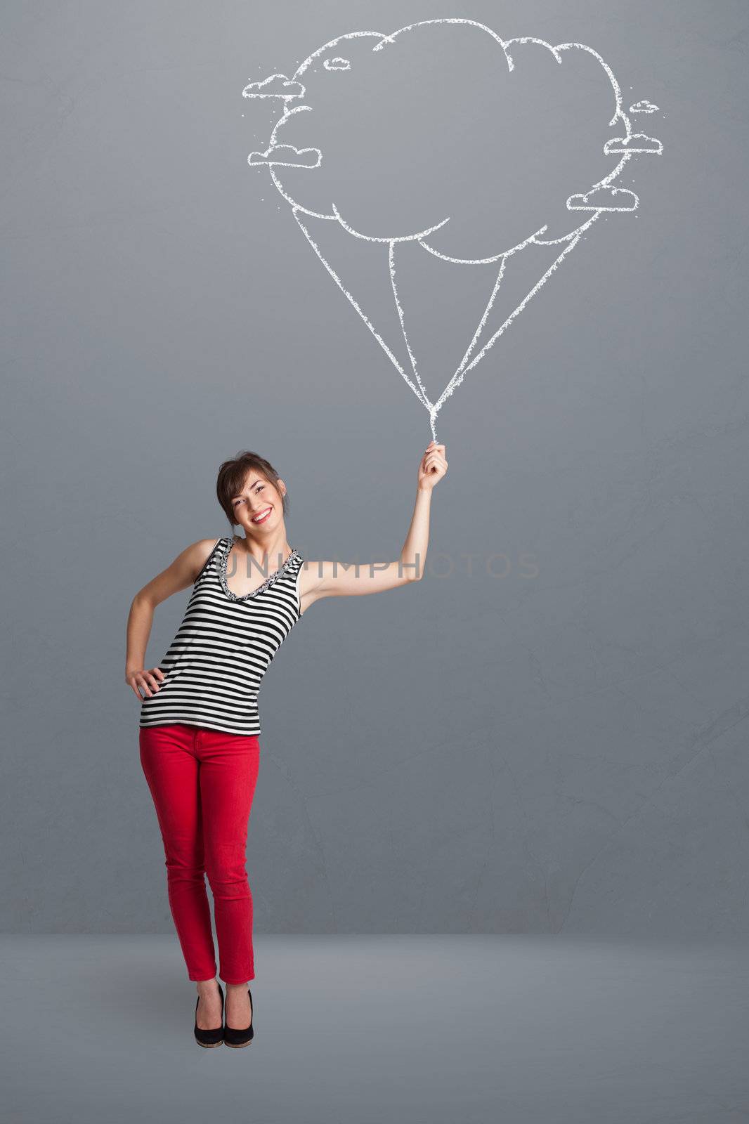 Pretty young lady holding a cloud balloon drawing