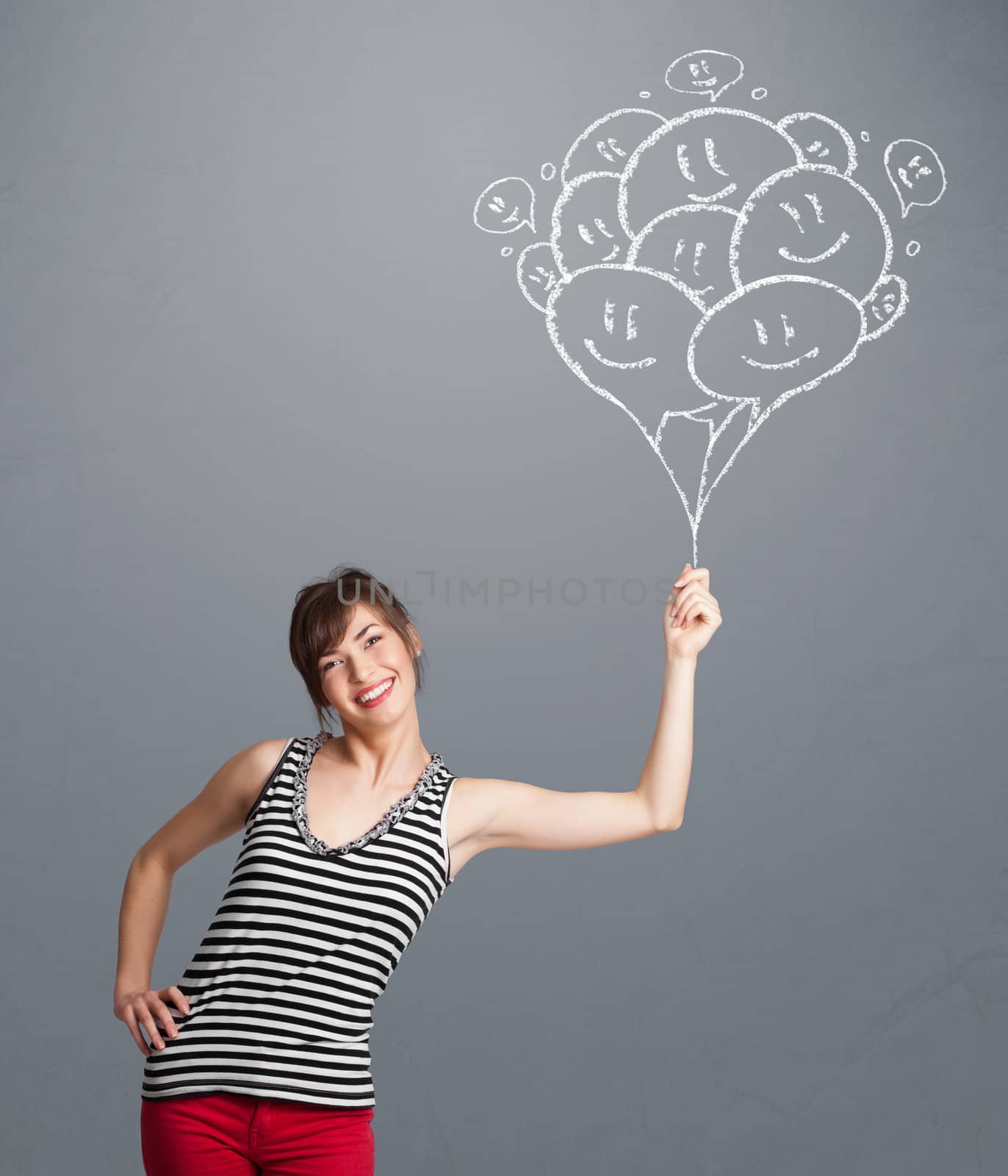 Happy woman holding smiling balloons drawing by ra2studio