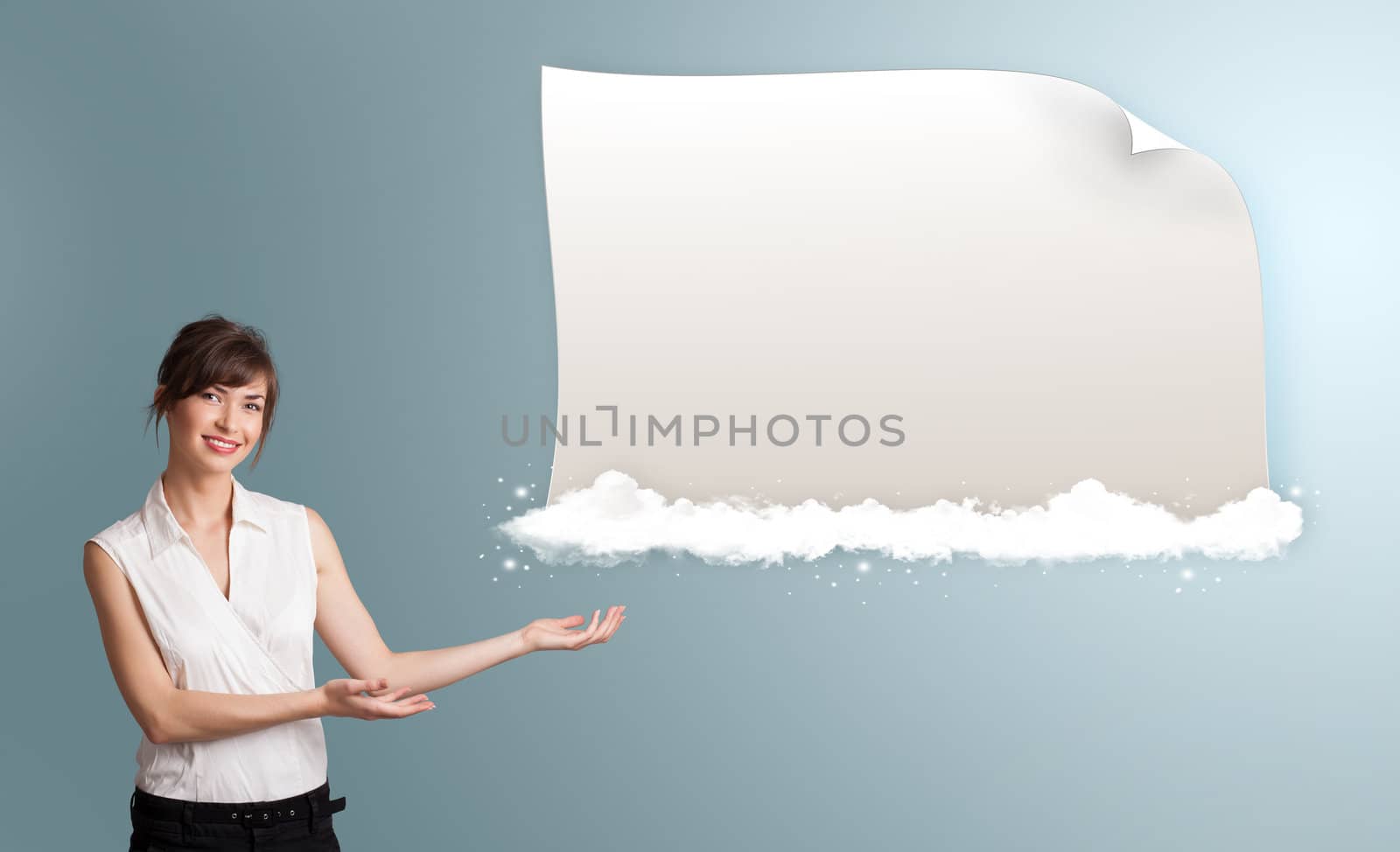 pretty young woman presenting modern copy space on clouds