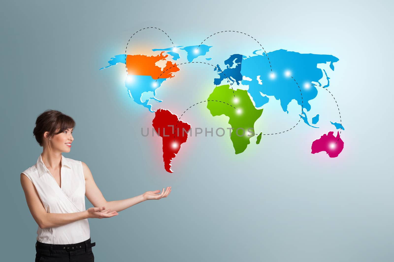 Beautiful young woman presenting colorful world map