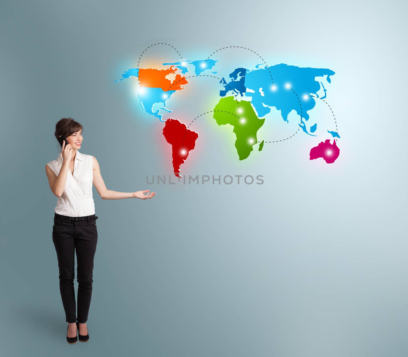 Beautiful young woman making phone call with colorful world map