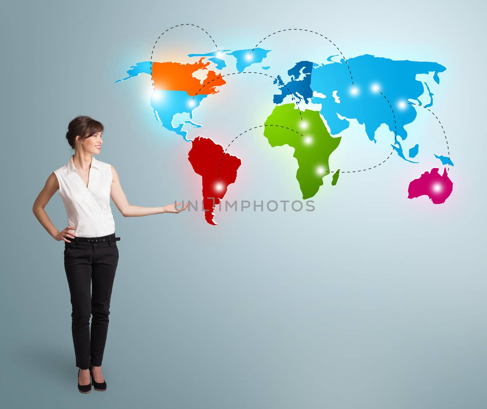 Young woman presenting colorful world map by ra2studio