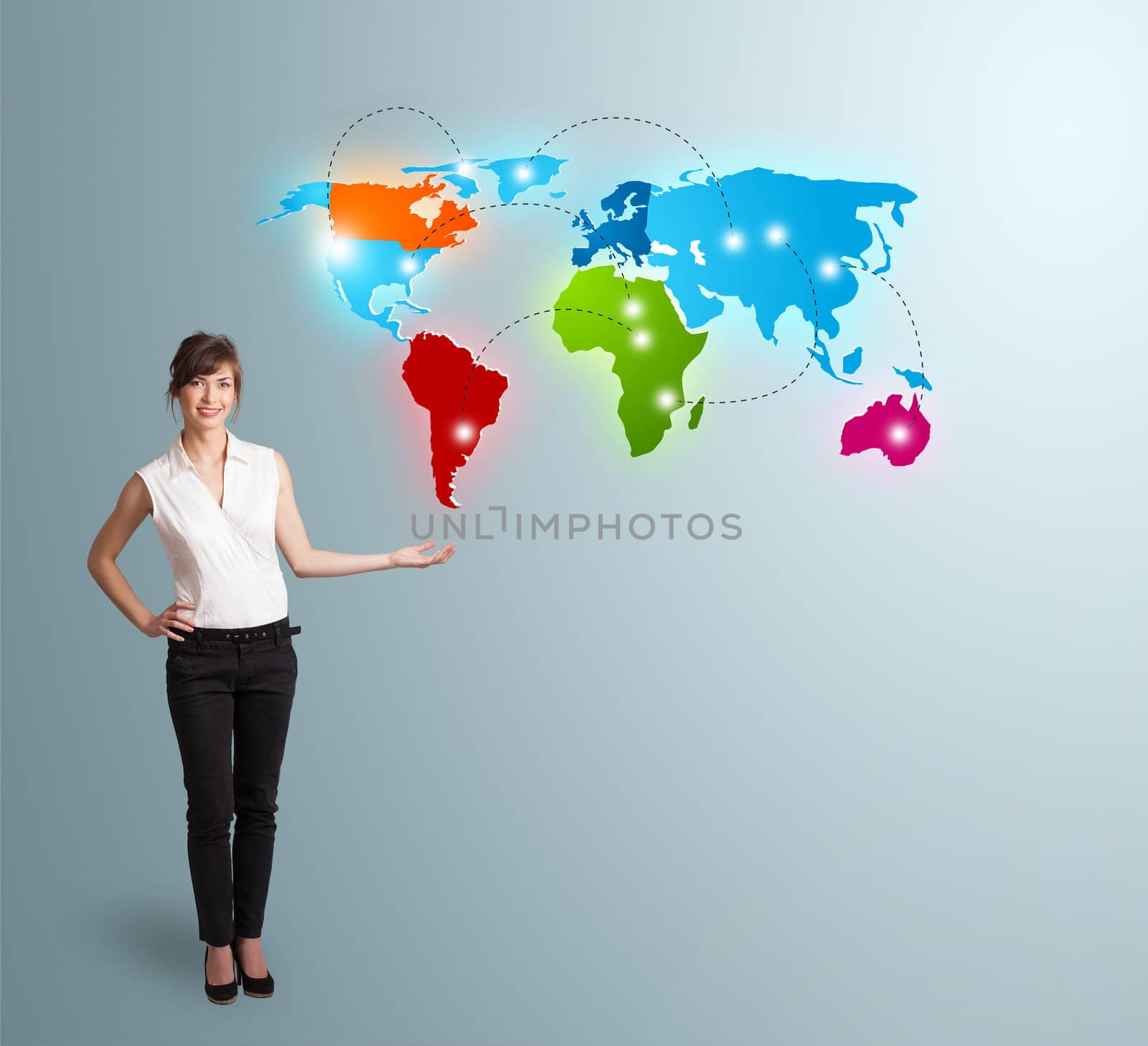 Beautiful young woman presenting colorful world map