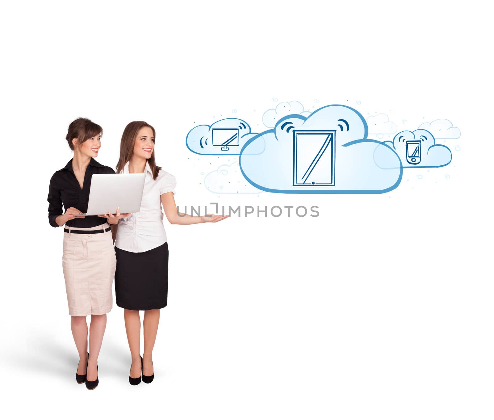 Beutiful young women presenting modern devices in clouds isolated on white
