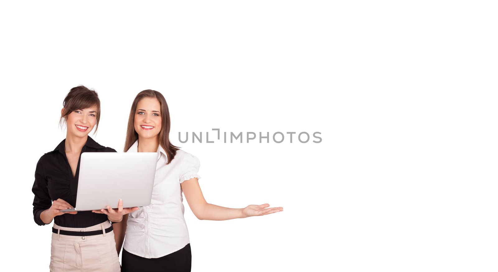 young women presenting white copy space isolated on white