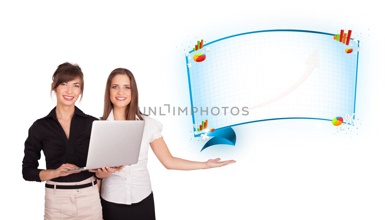 Young women presenting abstract copy space with diagrams and graphs isolated on white