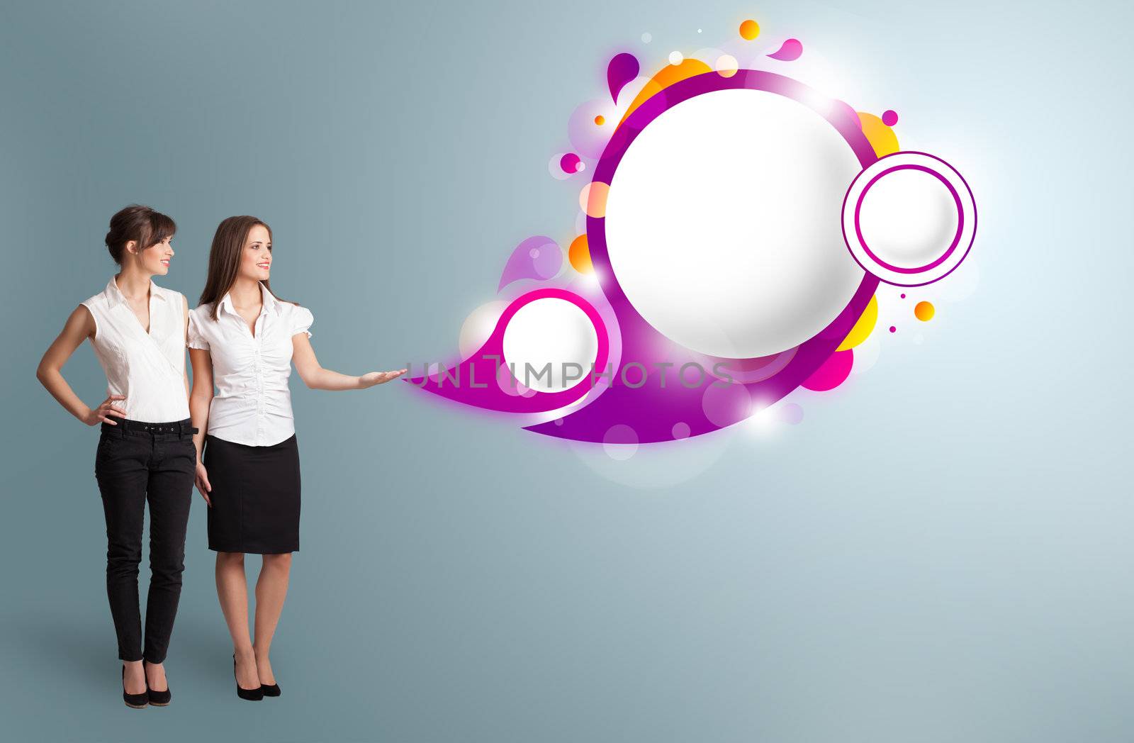 Attractive woman presenting abstract speech bubble copy space by ra2studio
