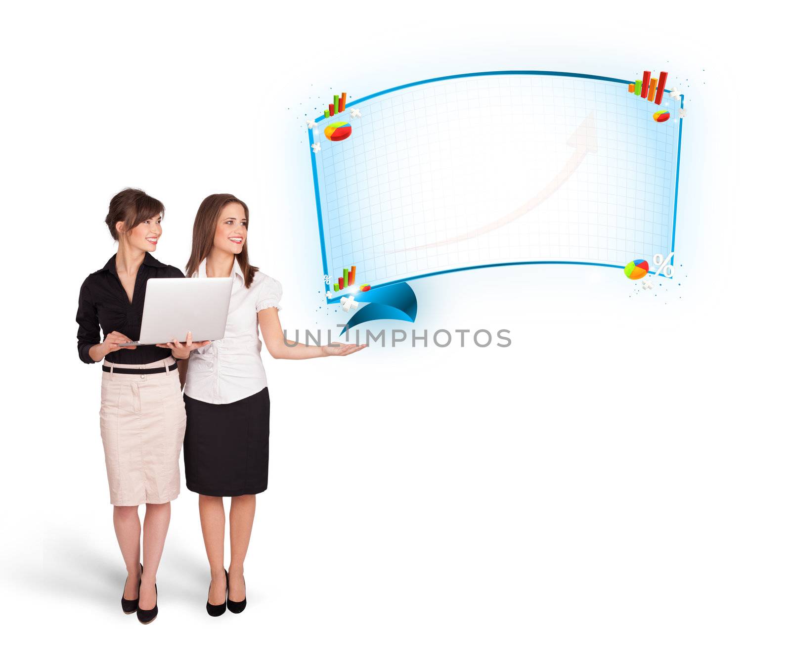 Young women presenting abstract copy space with diagrams and graphs isolated on white