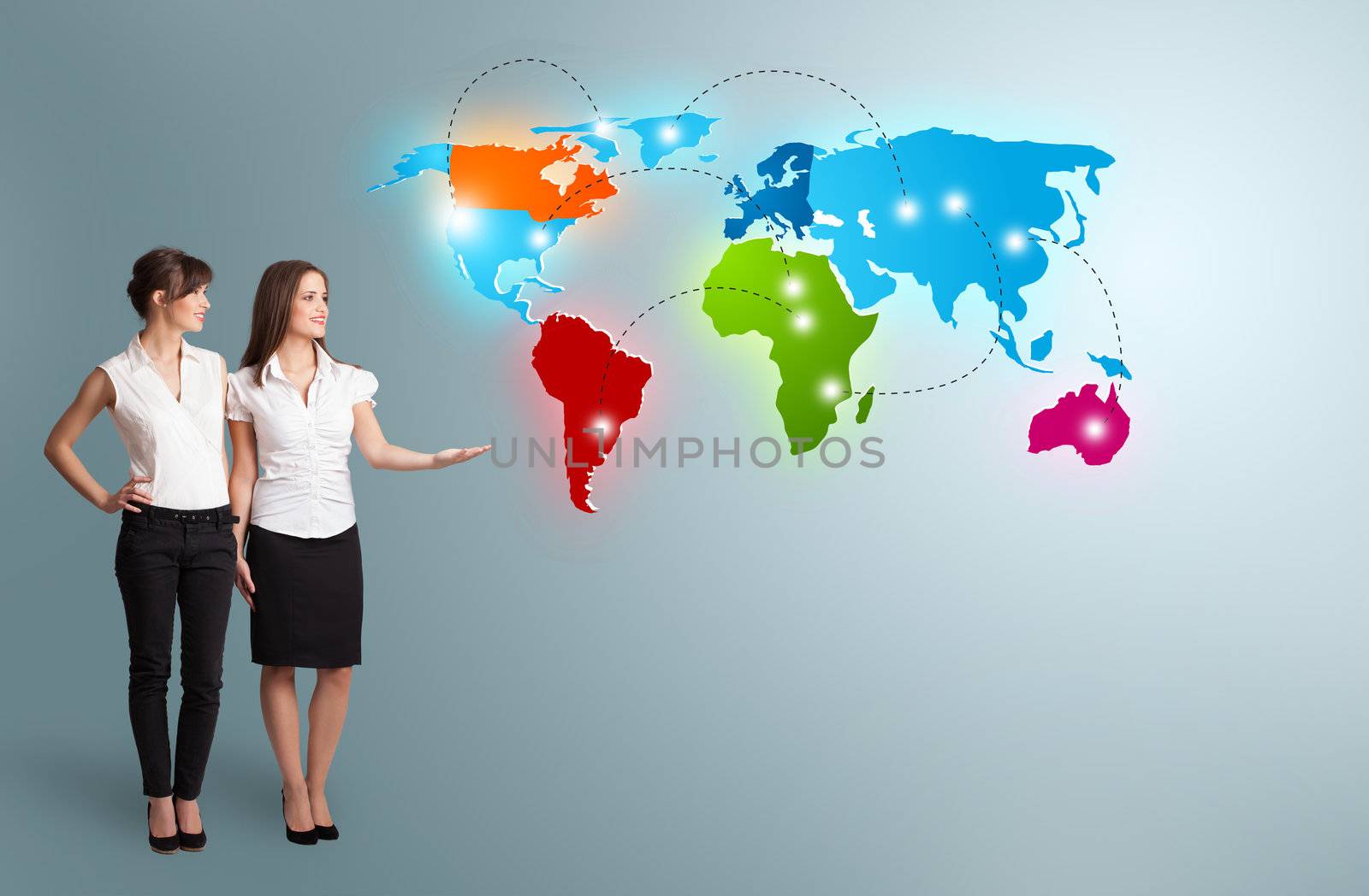 Beautiful young women presenting colorful world map
