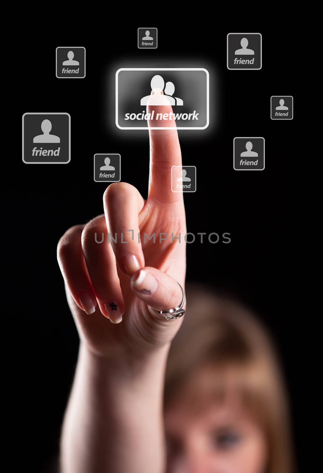 Woman hand pressing social network icon