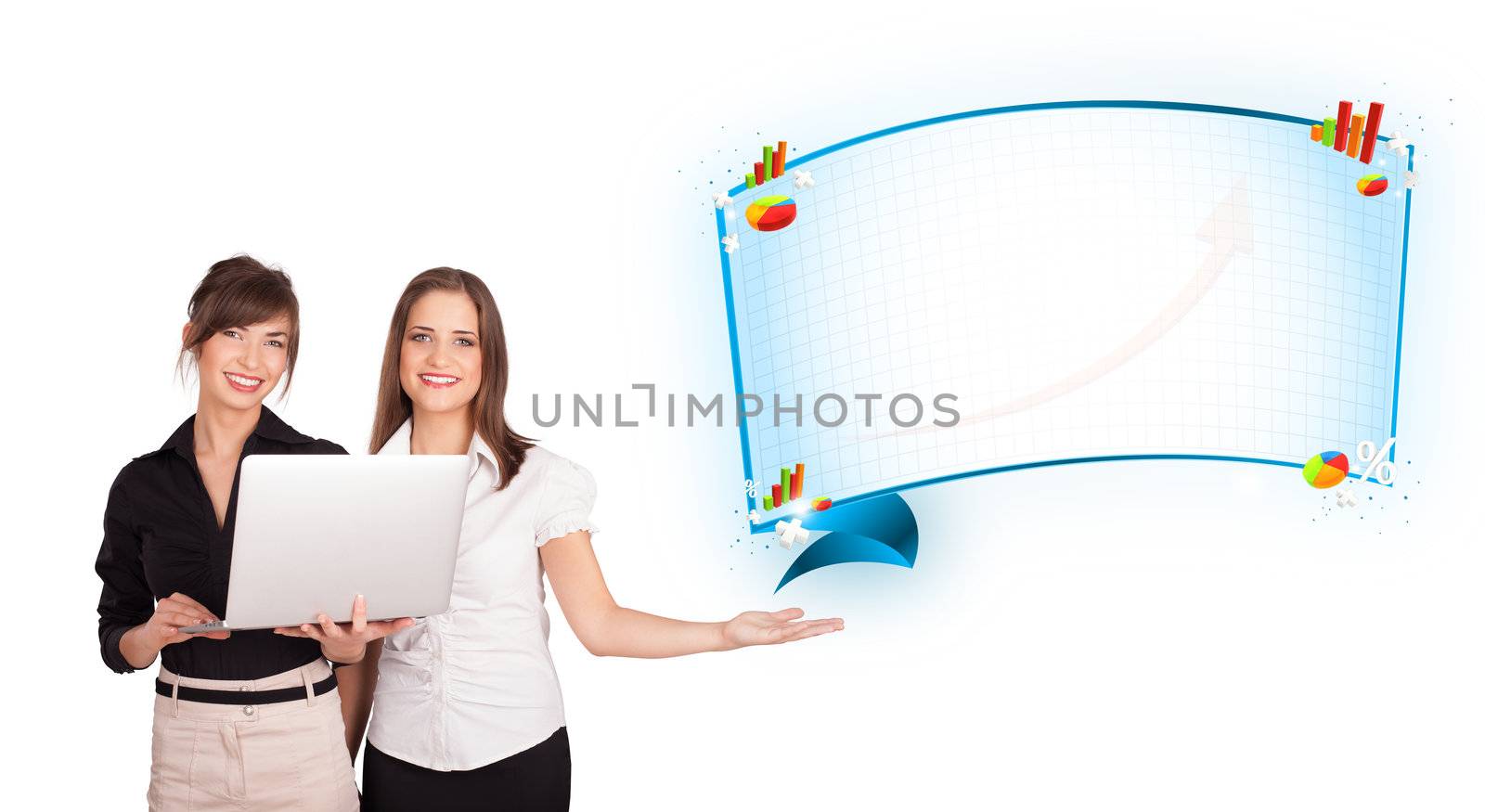 Young women presenting abstract copy space with diagrams and graphs isolated on white