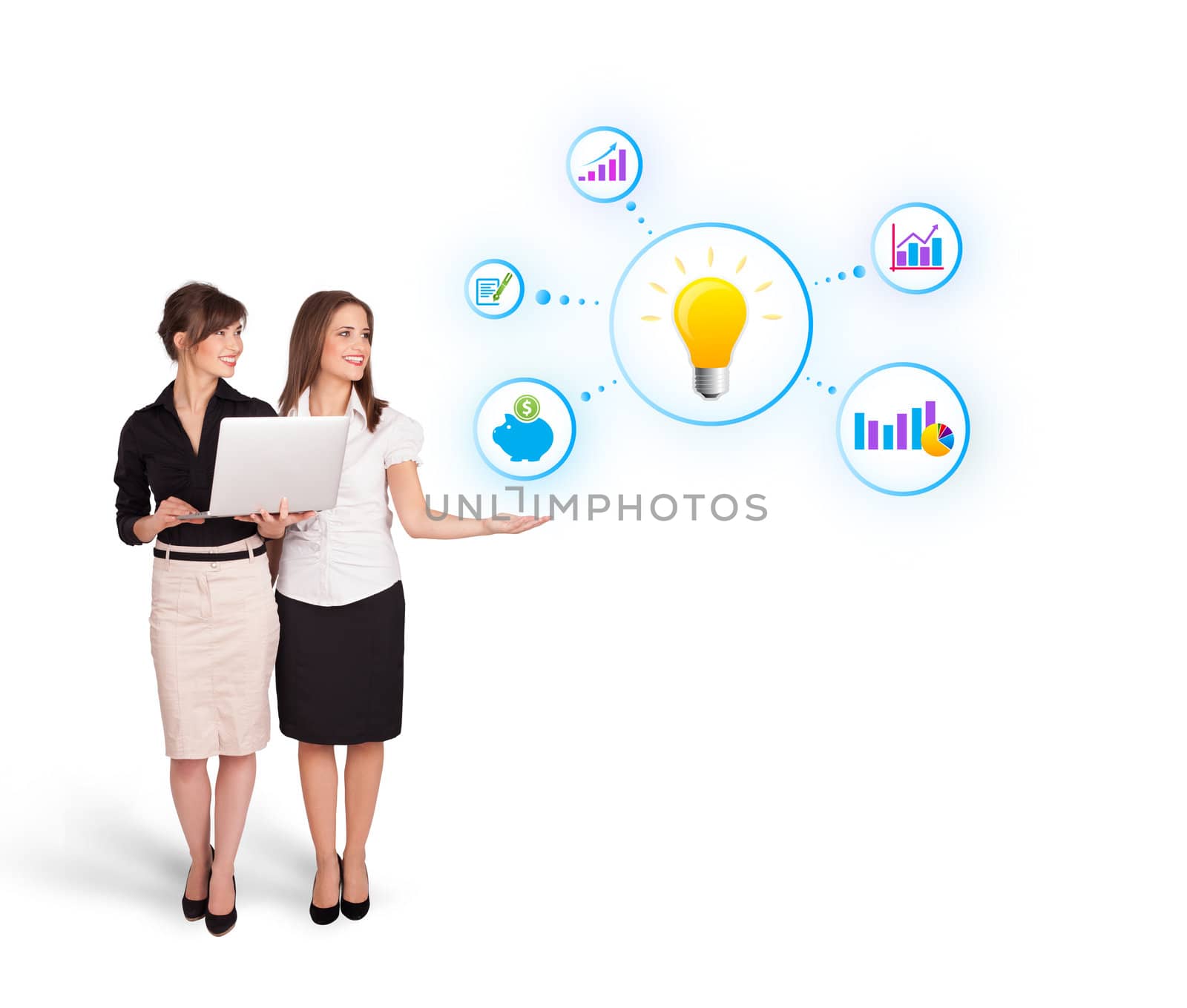 beautiful young women presenting light bulb with colorful graphs and diagrams isolated on white