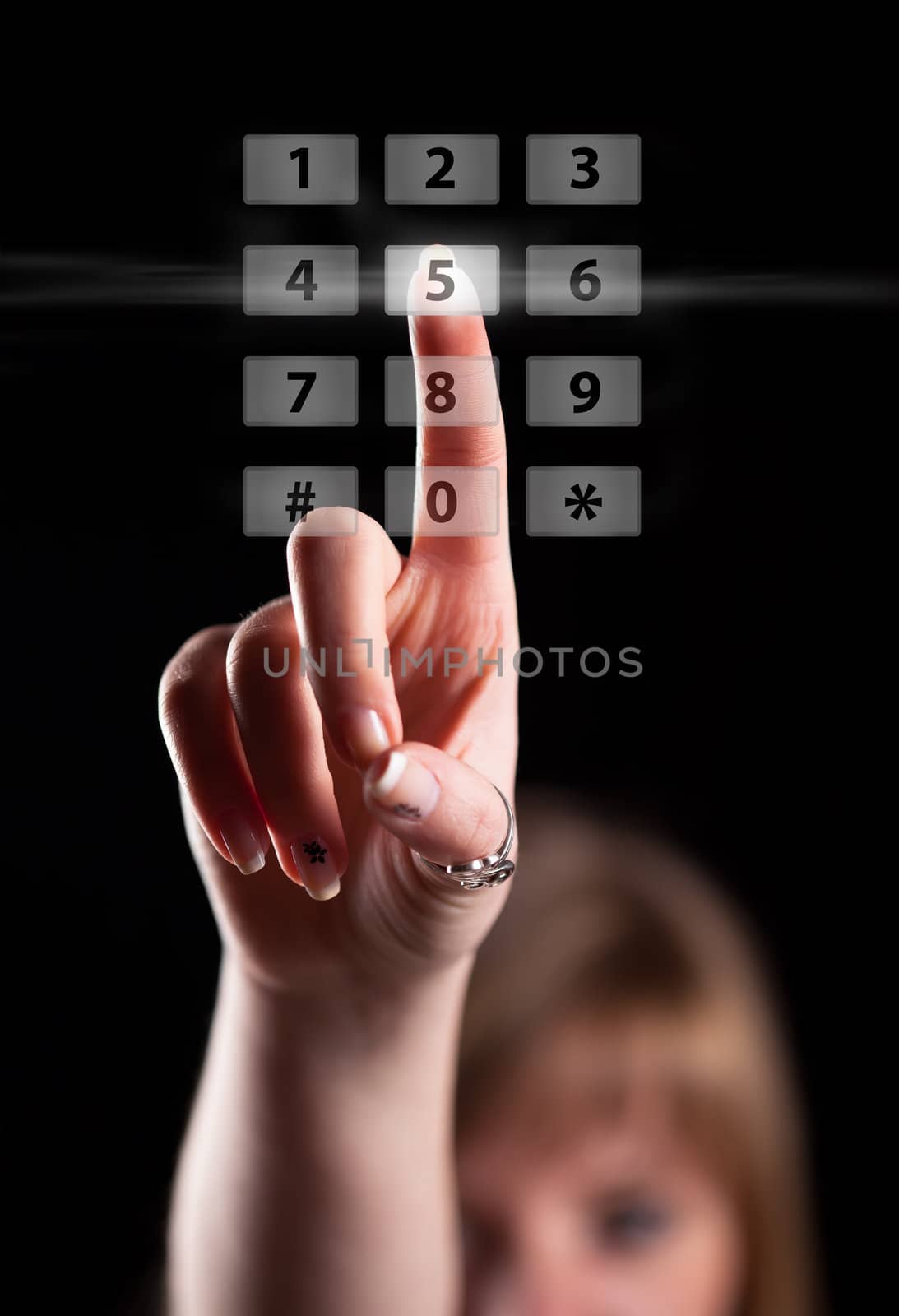 Woman hand pressing touch screen interface