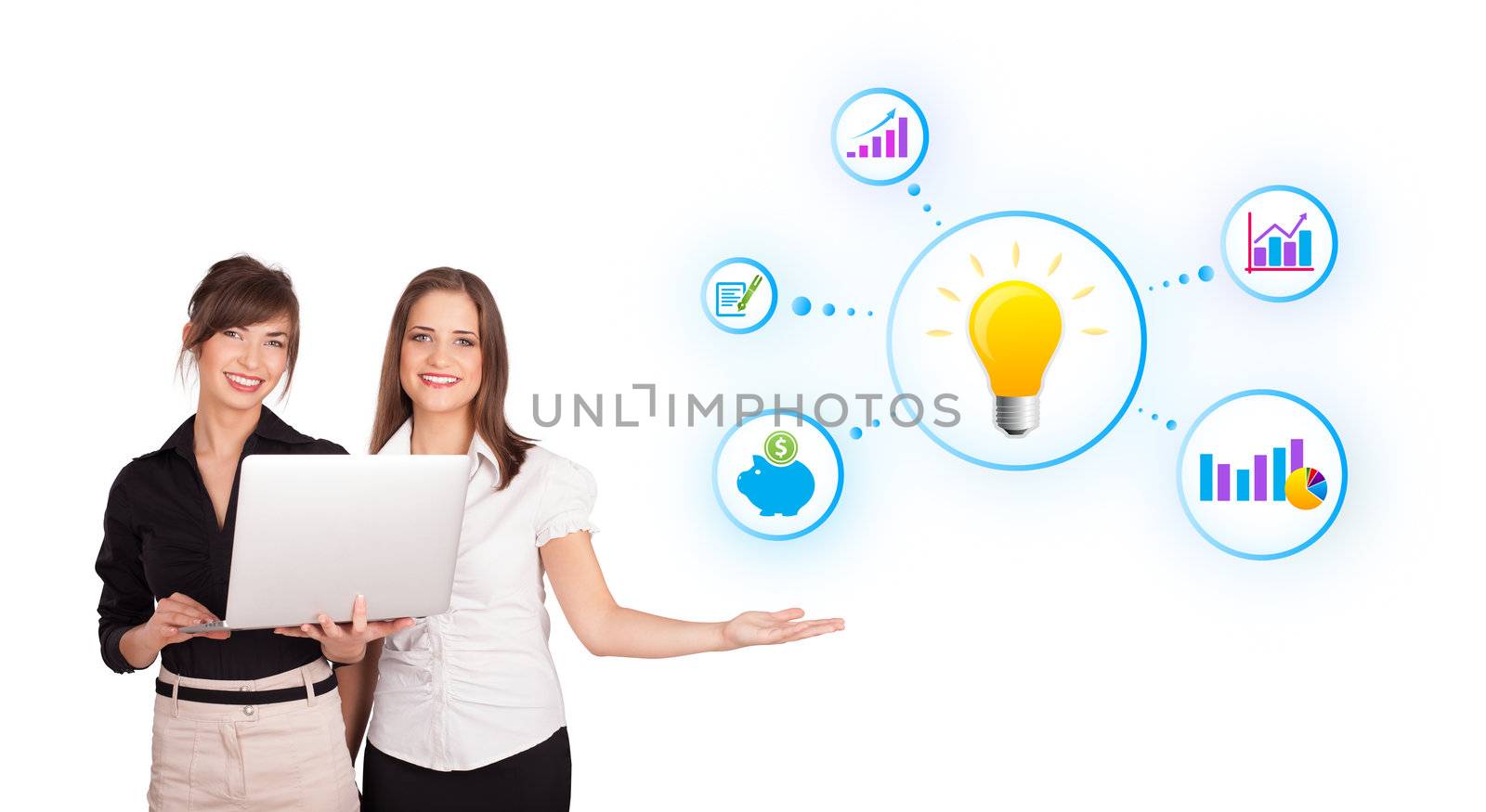 beautiful young women presenting light bulb with colorful graphs and diagrams isolated on white