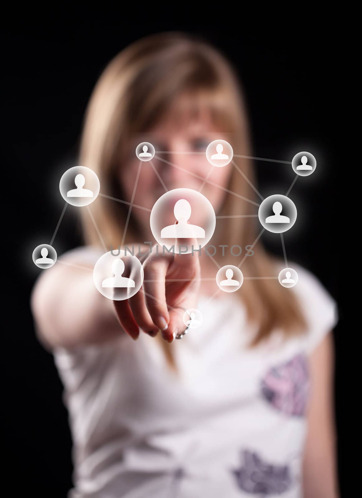 Woman hand pressing social network icon, backround in bokeh