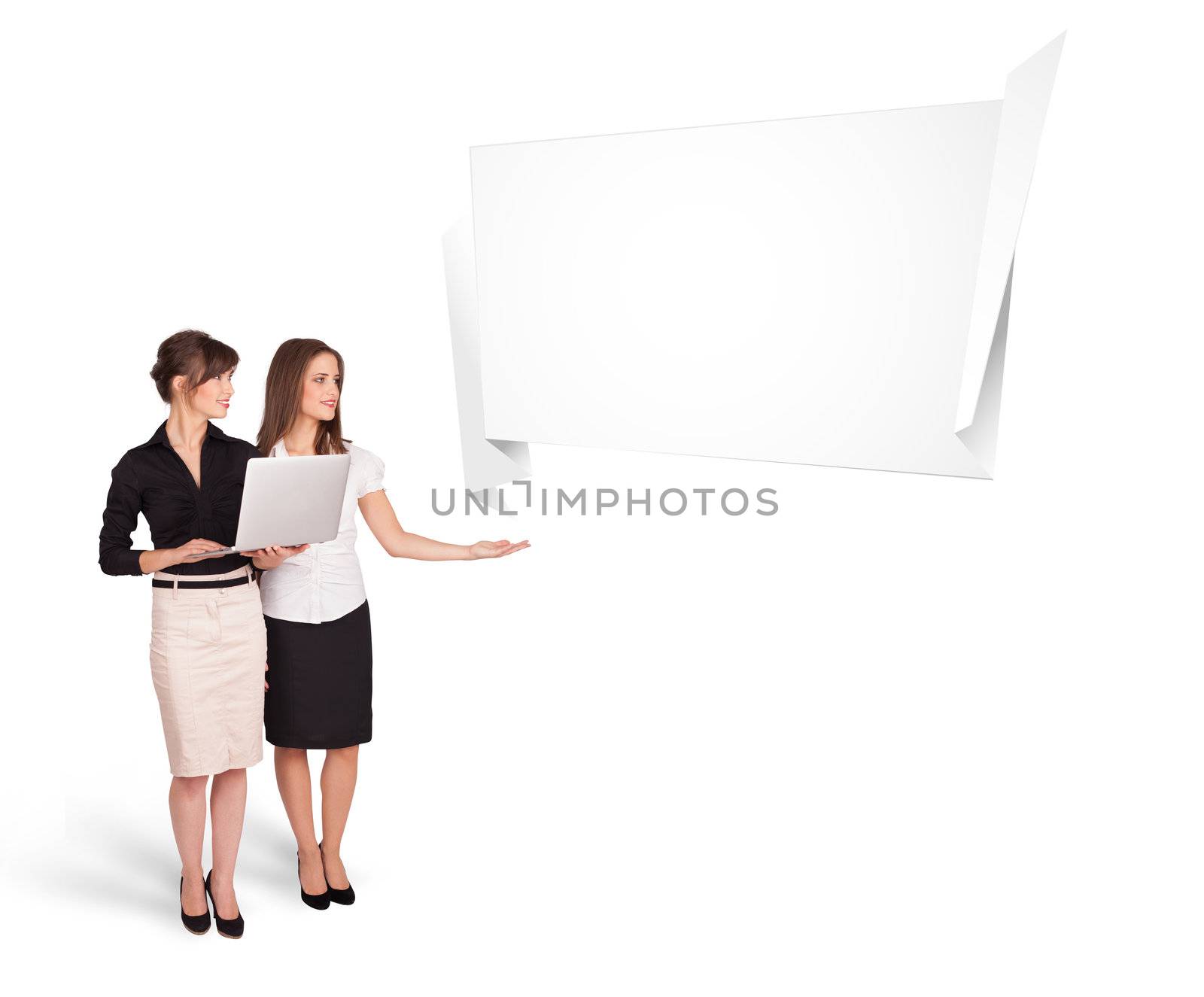 Beutiful young women presenting abstract origami copy space isolated on white