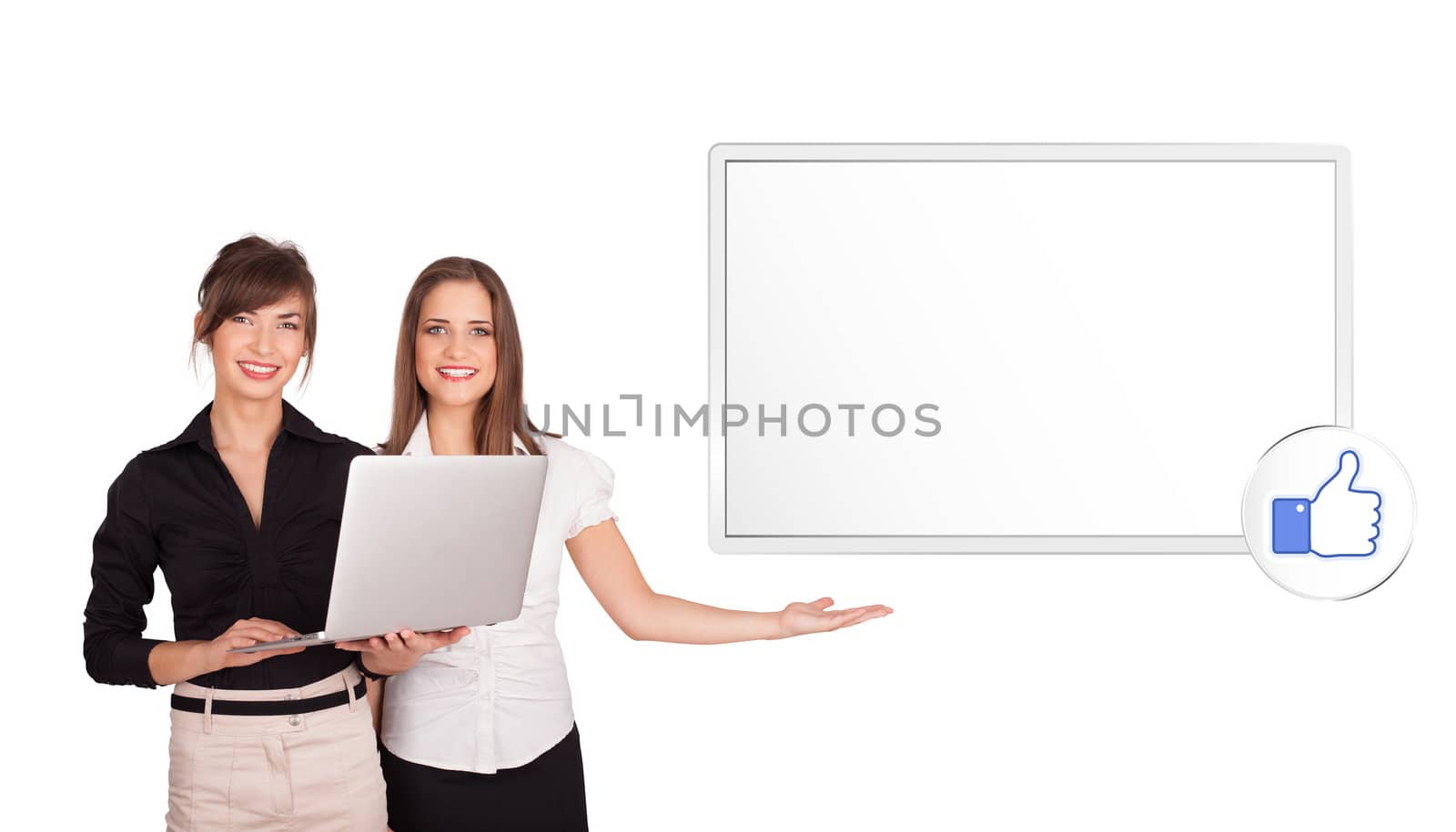 Beutiful young women presenting modern copy space isolated on white