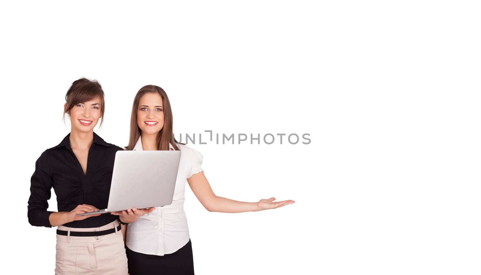 young women presenting white copy space isolated on white