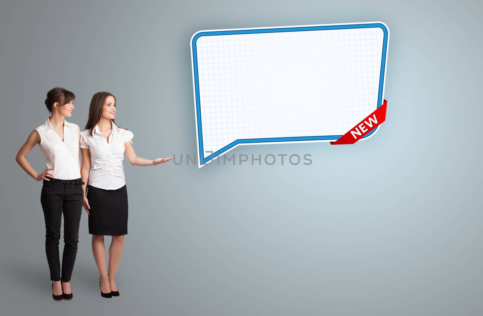 Beautiful young women presenting modern speech bubble copy space