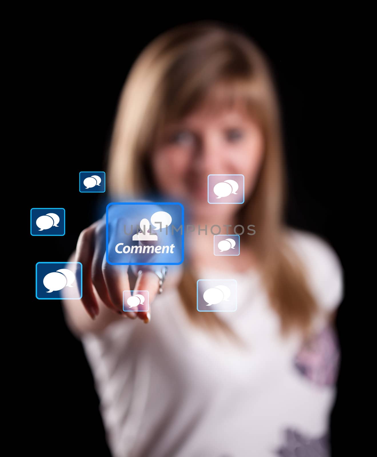 Woman pressing socian network icon, background in bokeh