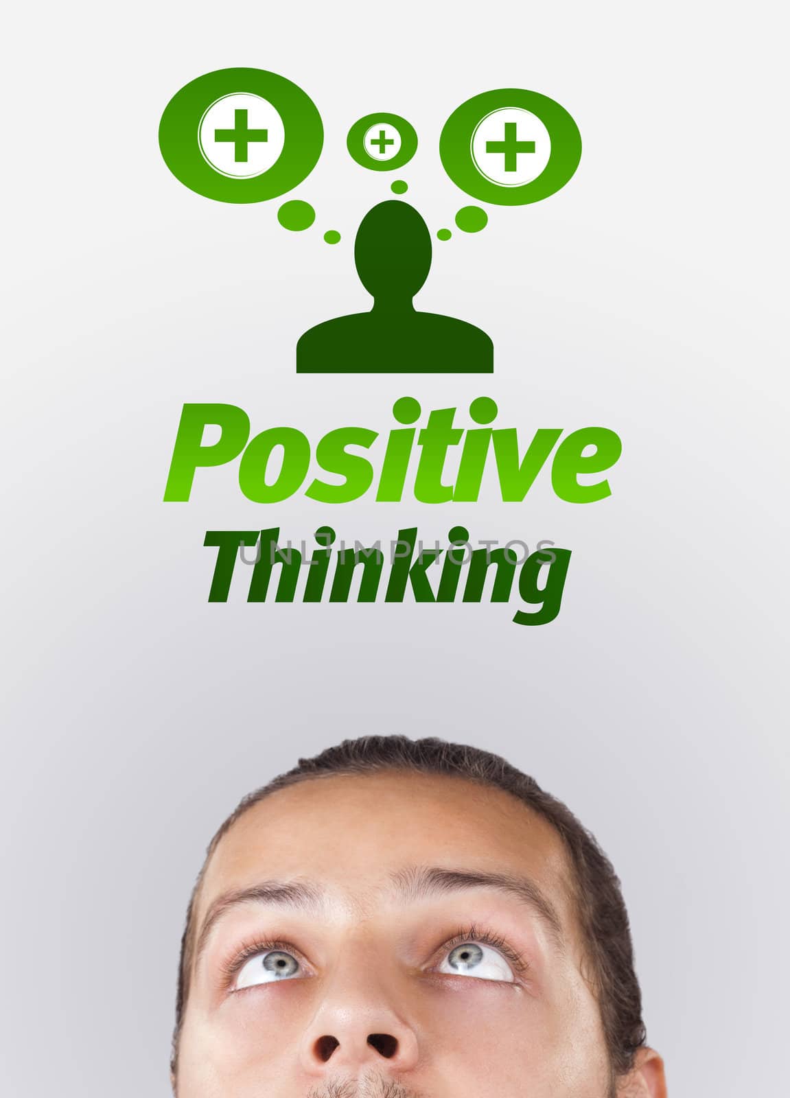 Young persons head looking with gesture at positive negative signs