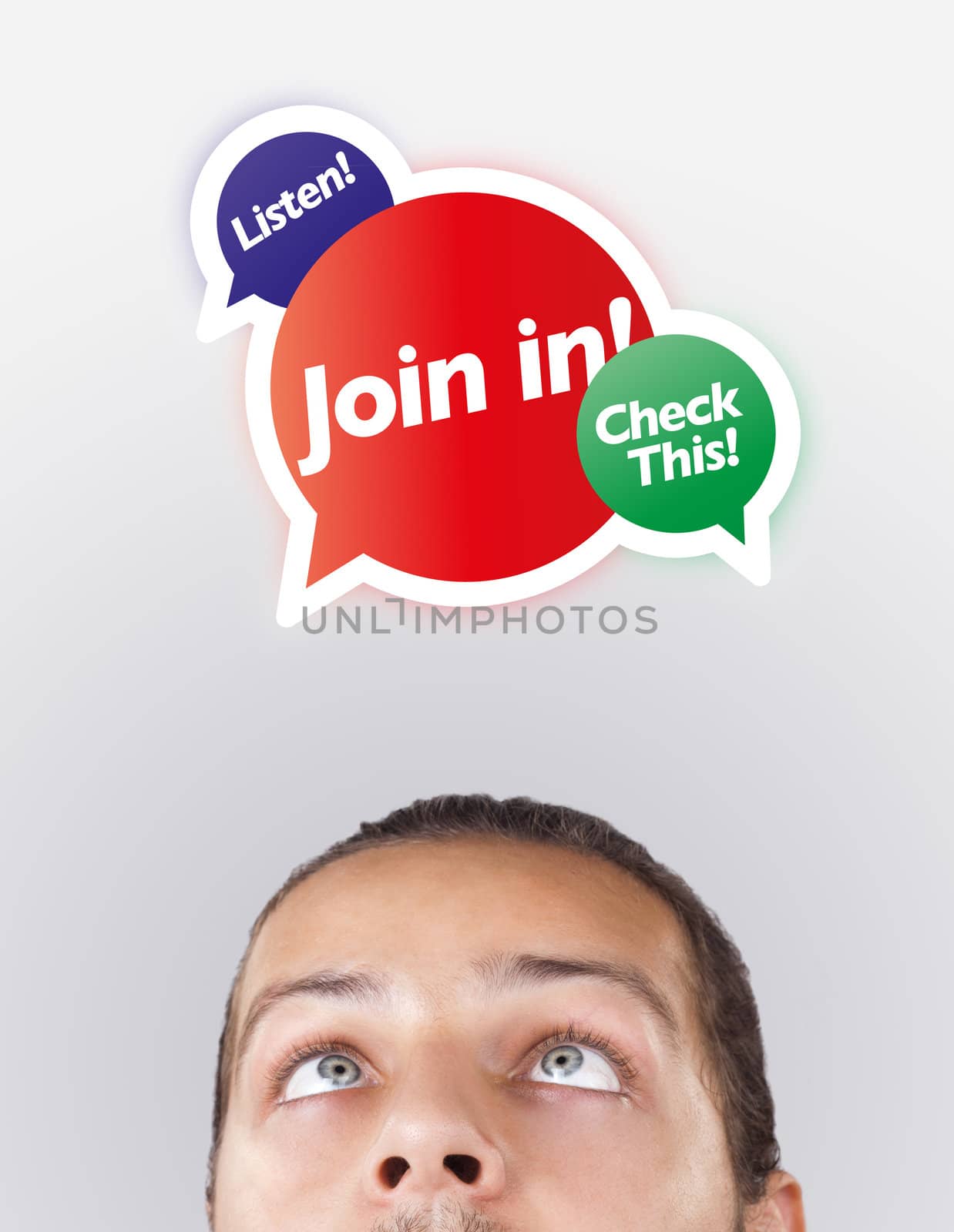 Young persons head looking with gesture at internet type of icons