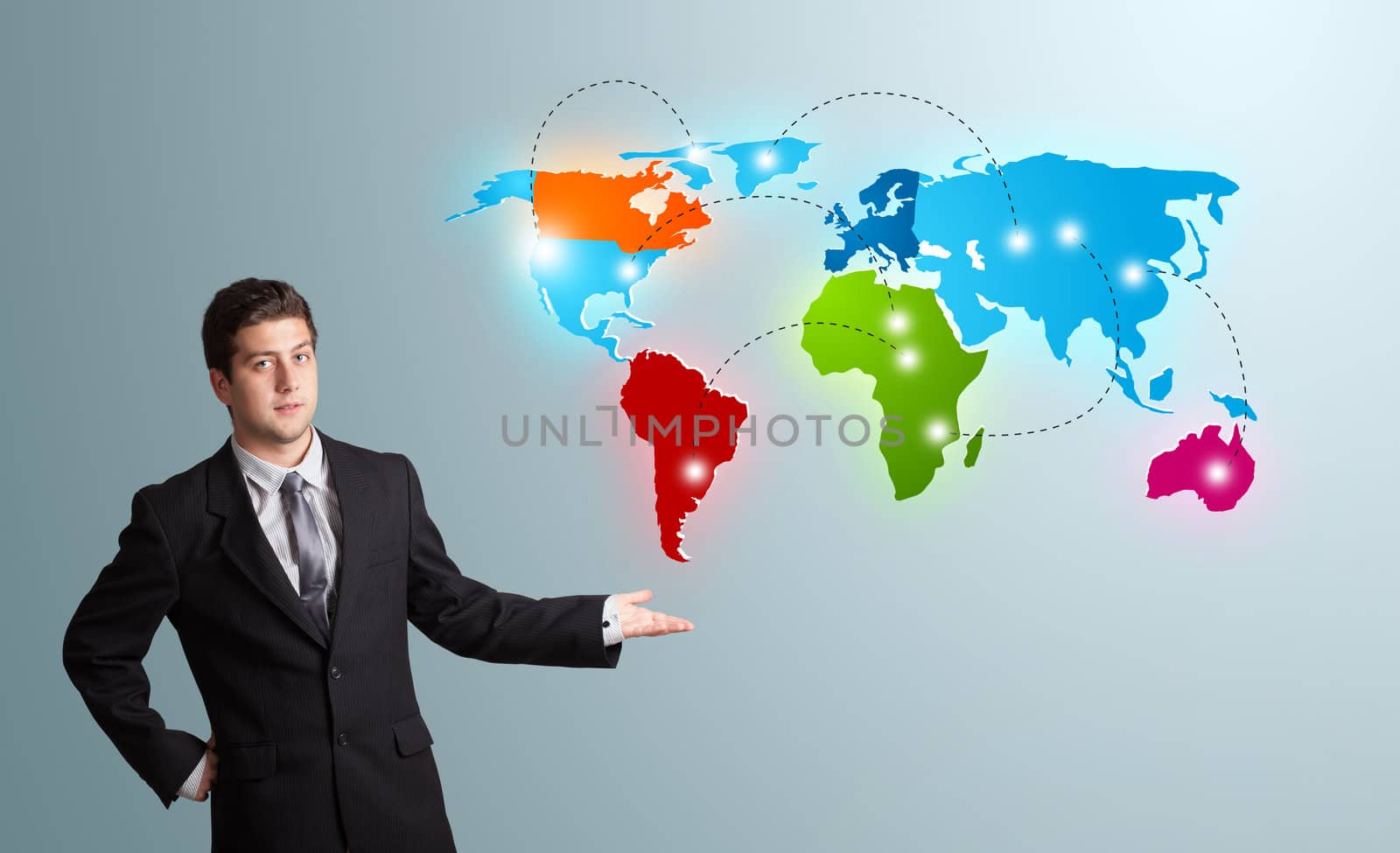 handsome young man presenting colorful world map