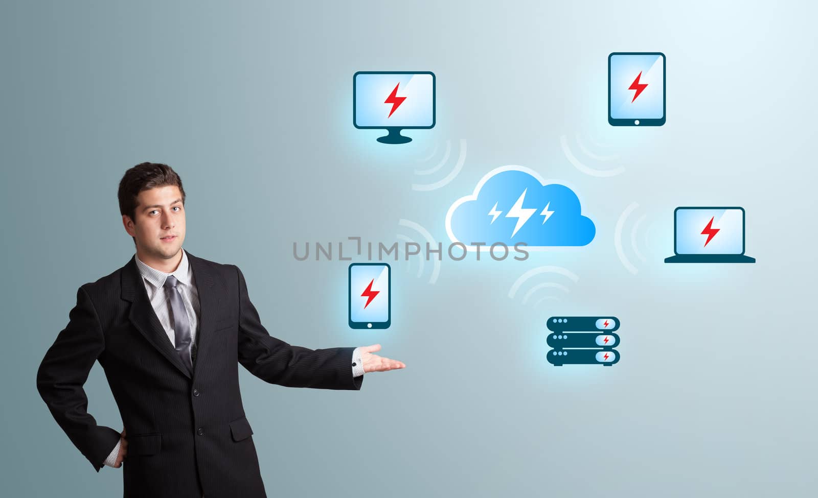 Handsome young man presenting cloud computing network
