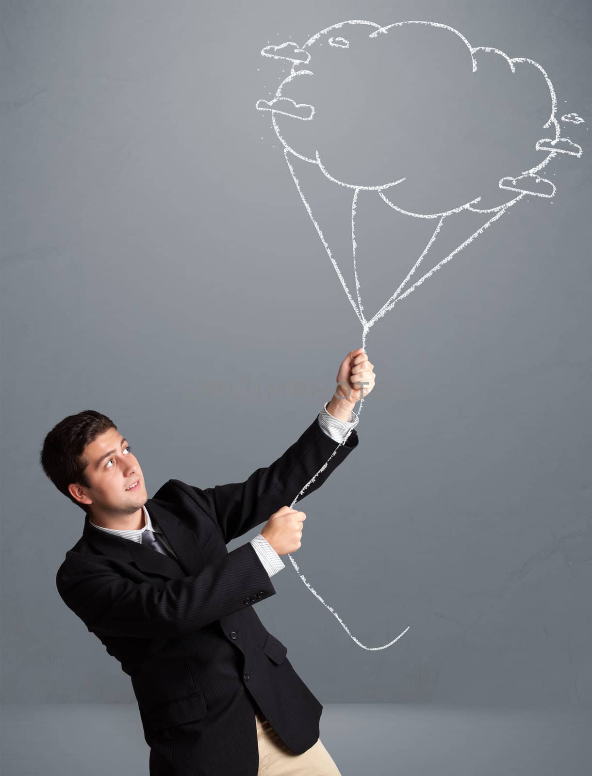 Handsome young man holding cloud balloon drawing