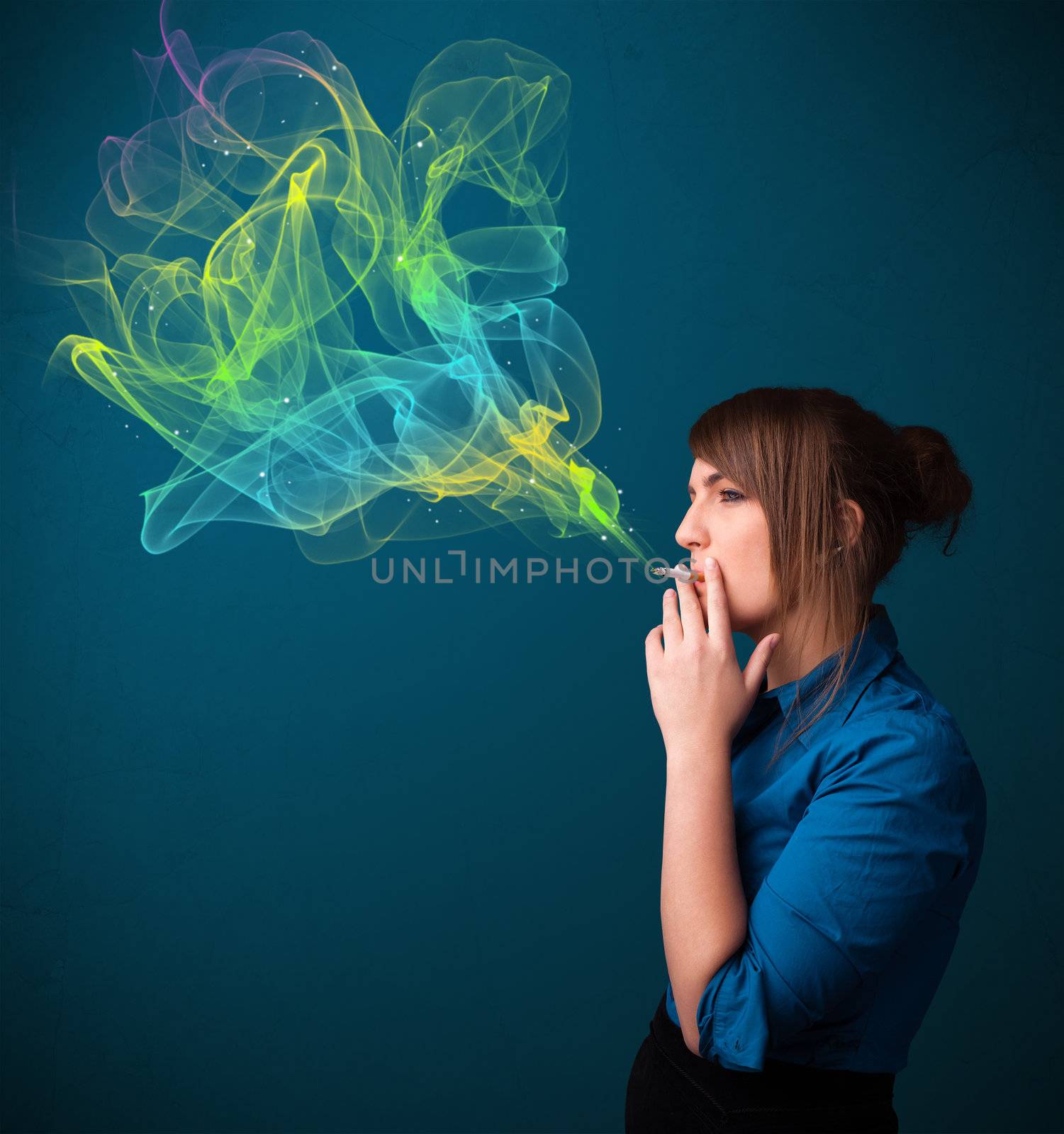 Pretty young lady smoking cigarette with colorful smoke