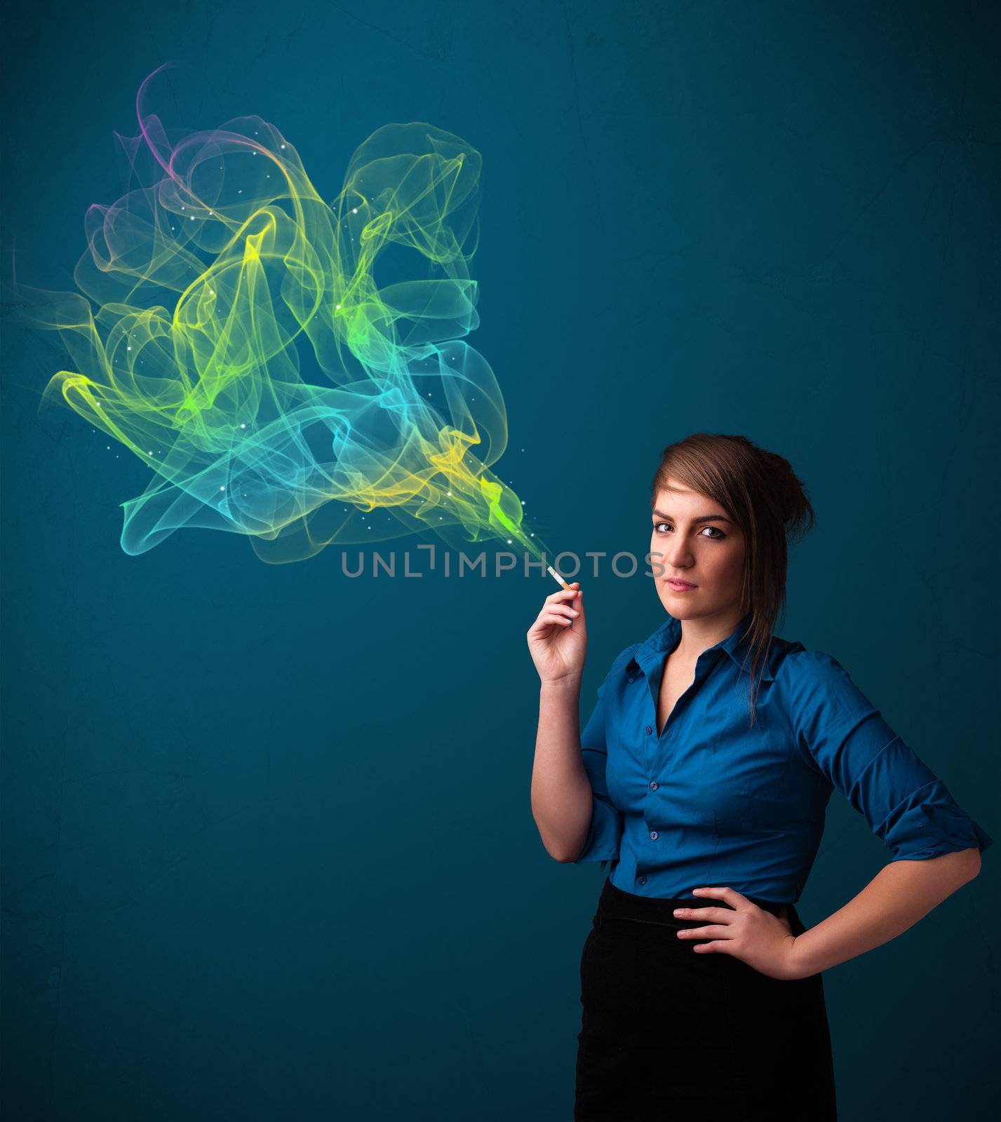 Pretty young lady smoking cigarette with colorful smoke