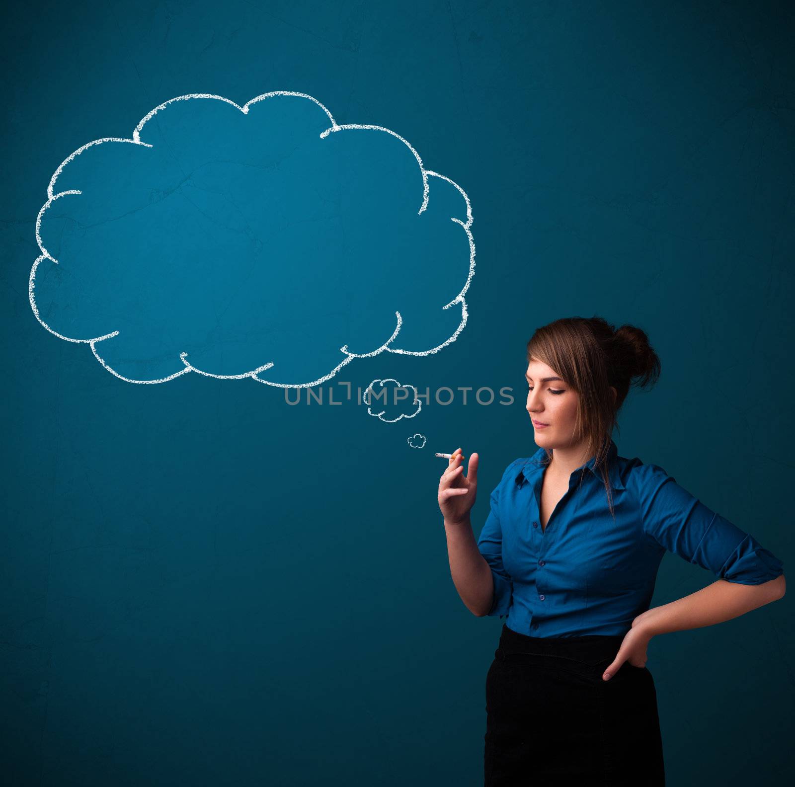 Beautiful young lady smoking cigarette with idea cloud