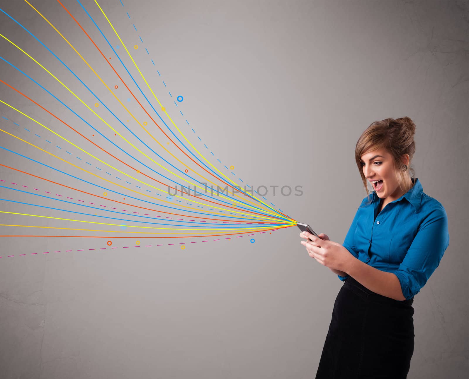 Happy girl holding a phone with colorful abstract lines by ra2studio