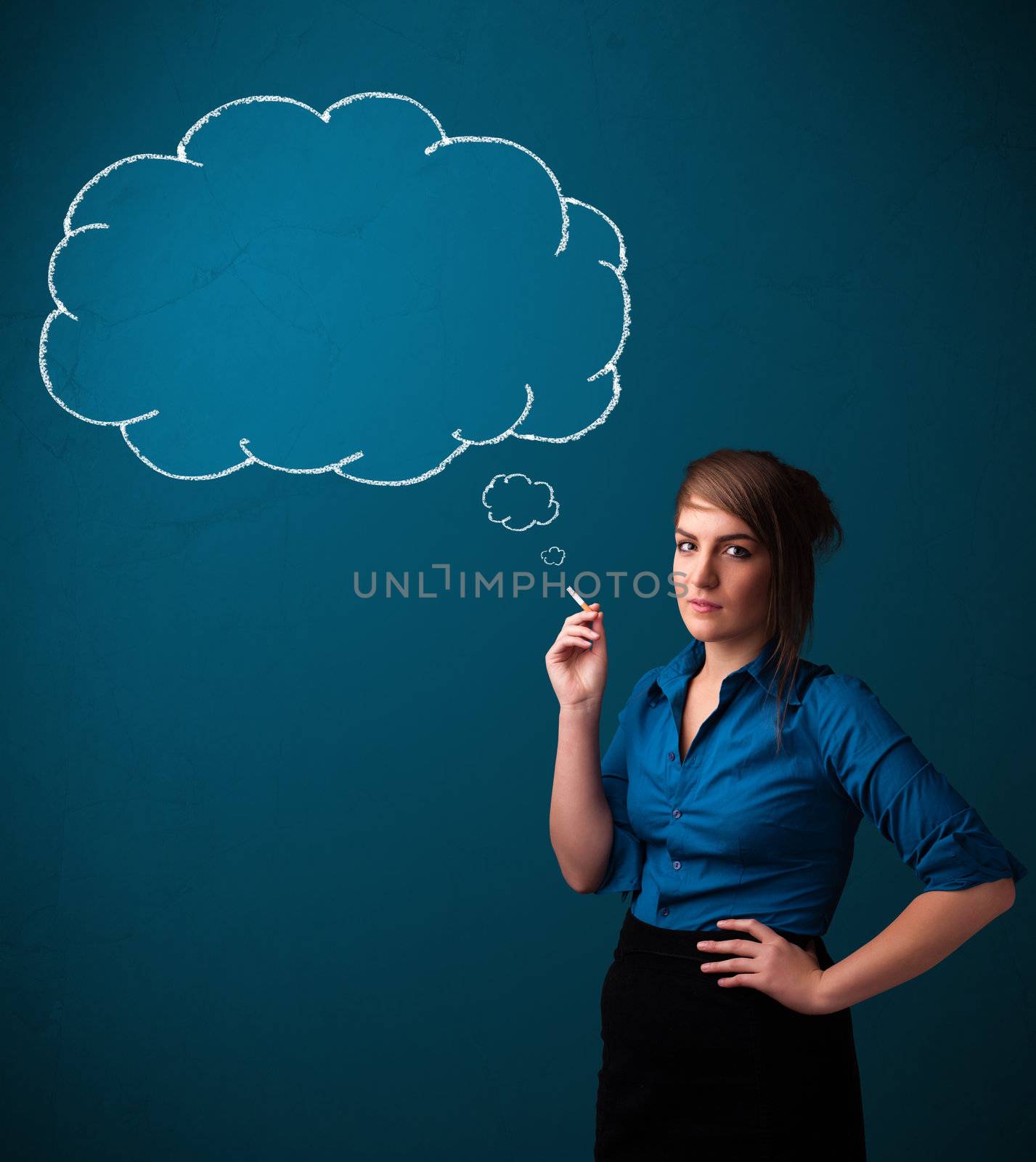 Beautiful young lady smoking cigarette with idea cloud