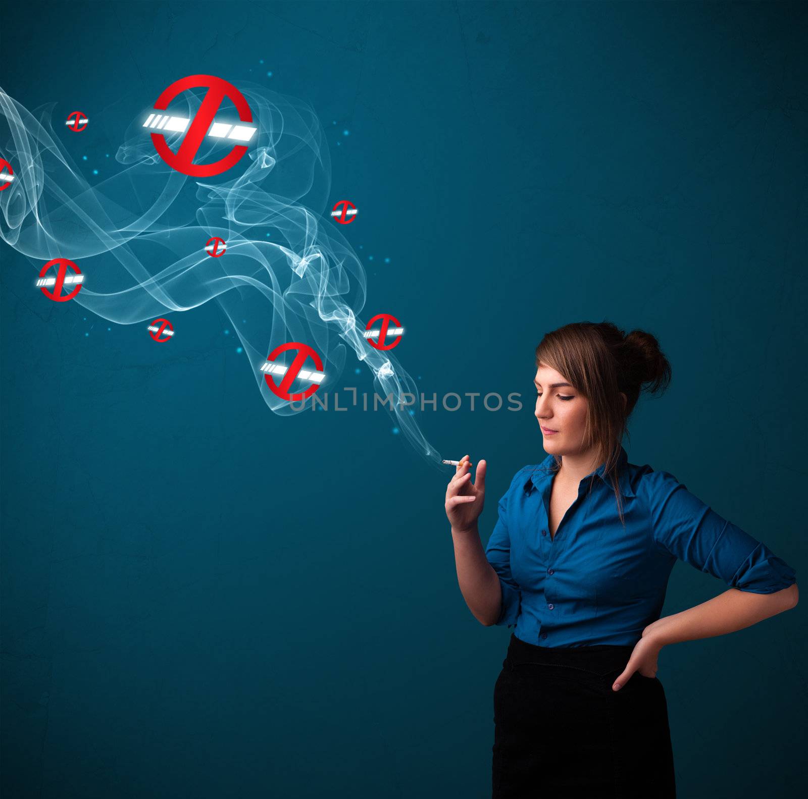 Young woman smoking dangerous cigarette with no smoking signs by ra2studio