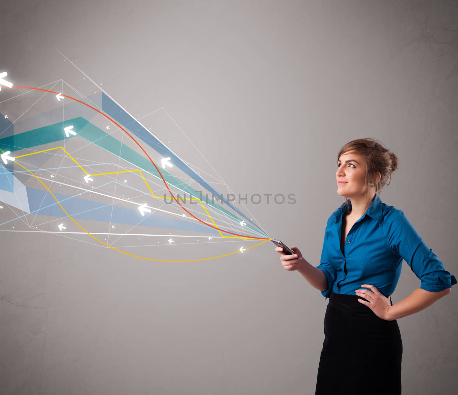 pretty young lady standing and holding a phone with colorful abstract lines and arrows