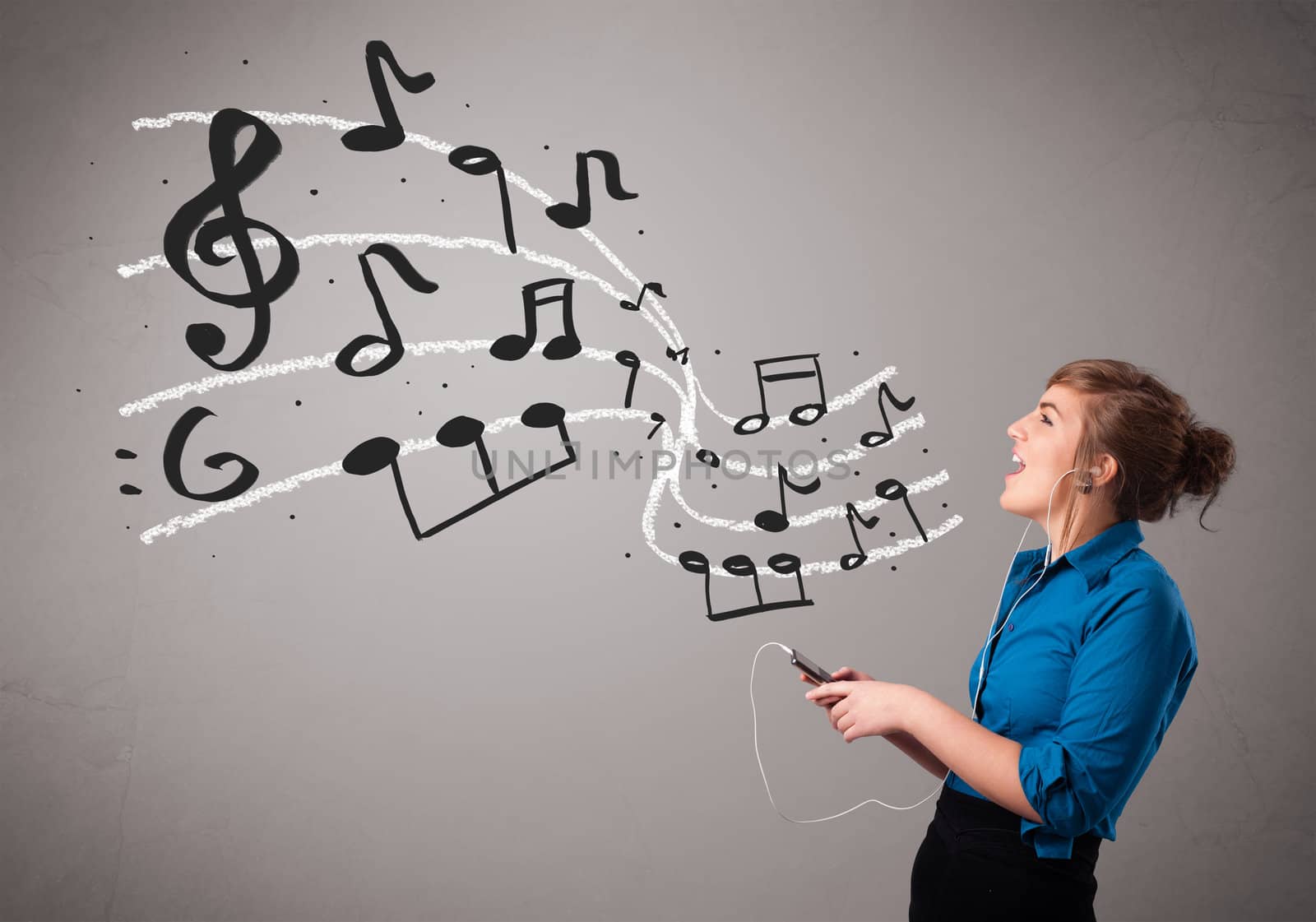 attractive young lady singing and listening to music with musica by ra2studio