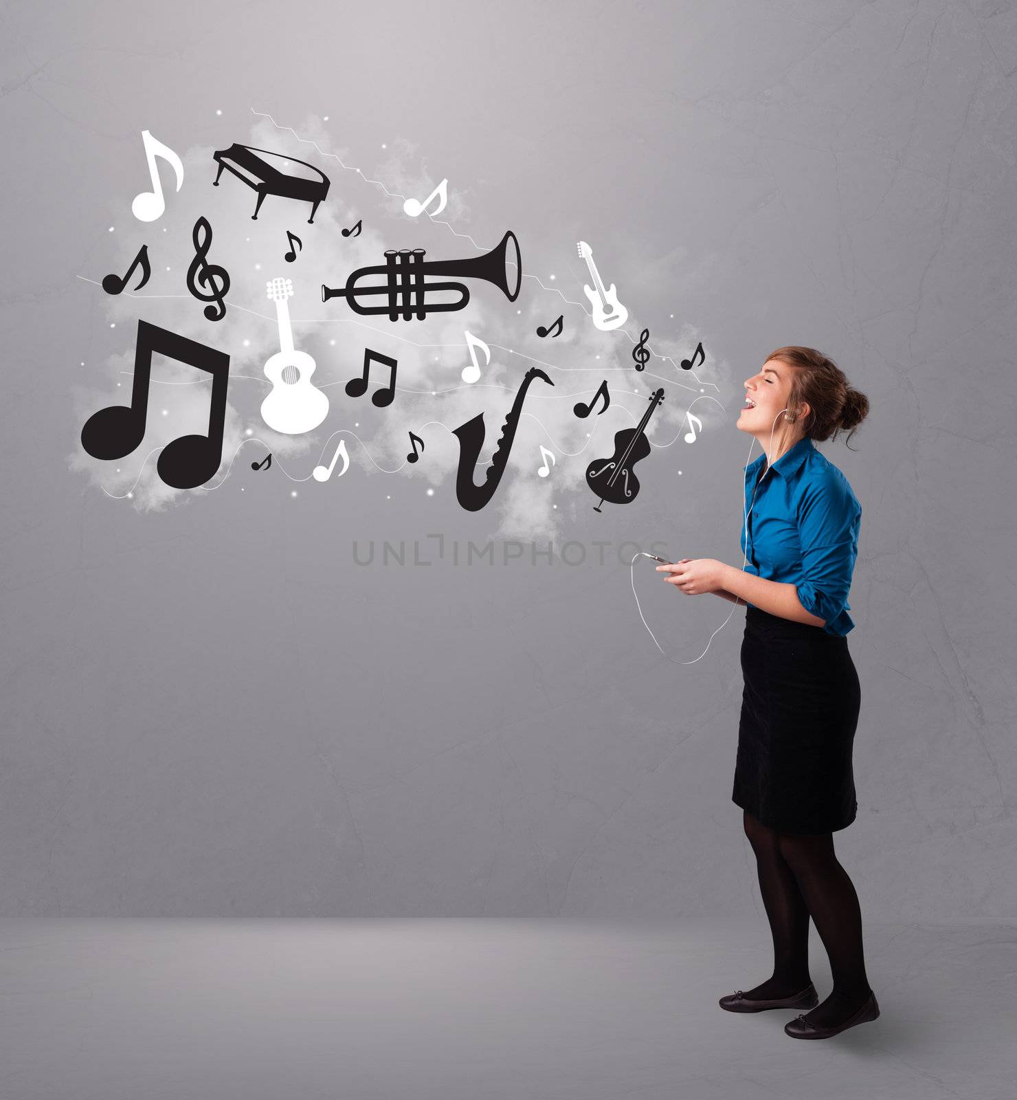 Beautiful young woman singing and listening to music with musical notes and instruments getting out of her mouth